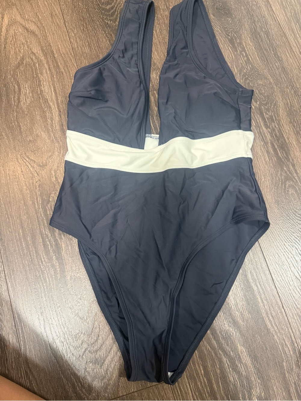 Women’s Navy One-Piece Swimsuit with White Waistband
